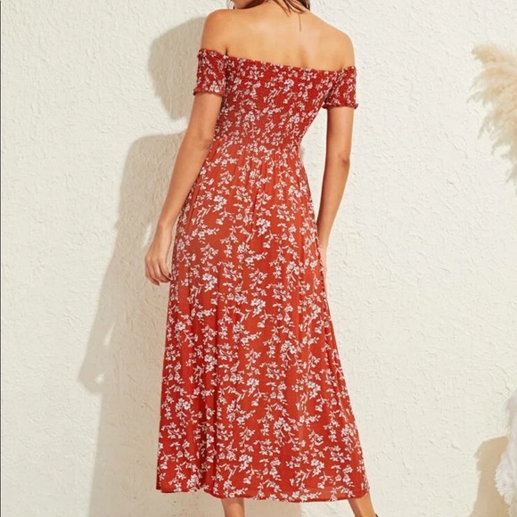 Boho floral shirred off shoulder thigh slit dress - Picture 2 of 5